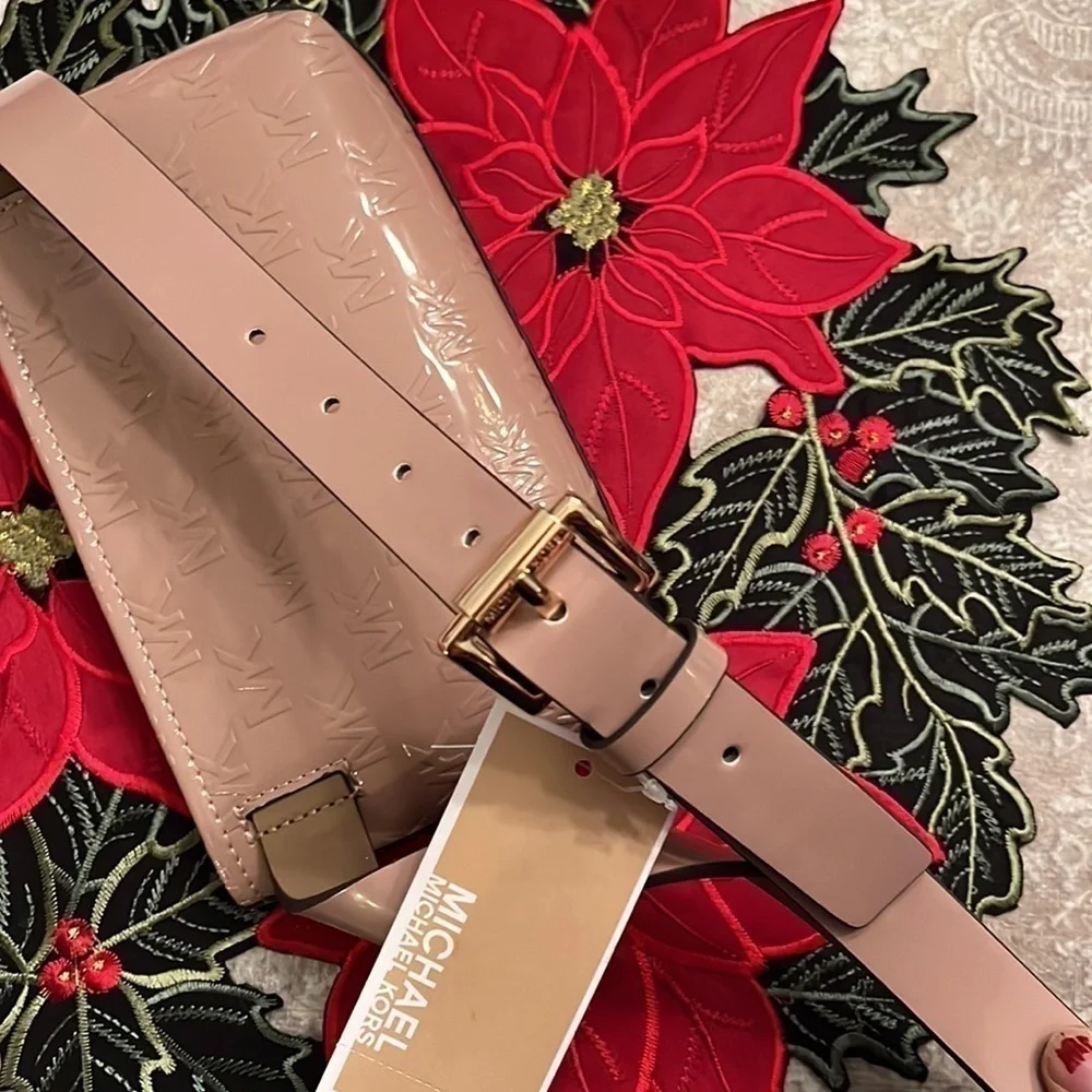 Brand New Michael Kors Logo Debossed Zippered Belt Bag in Fawn Shiny Neutral